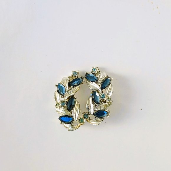 Blue Swirl Marquise Earrings Silver Tone Rhinestone Clip On - Picture 5 of 6